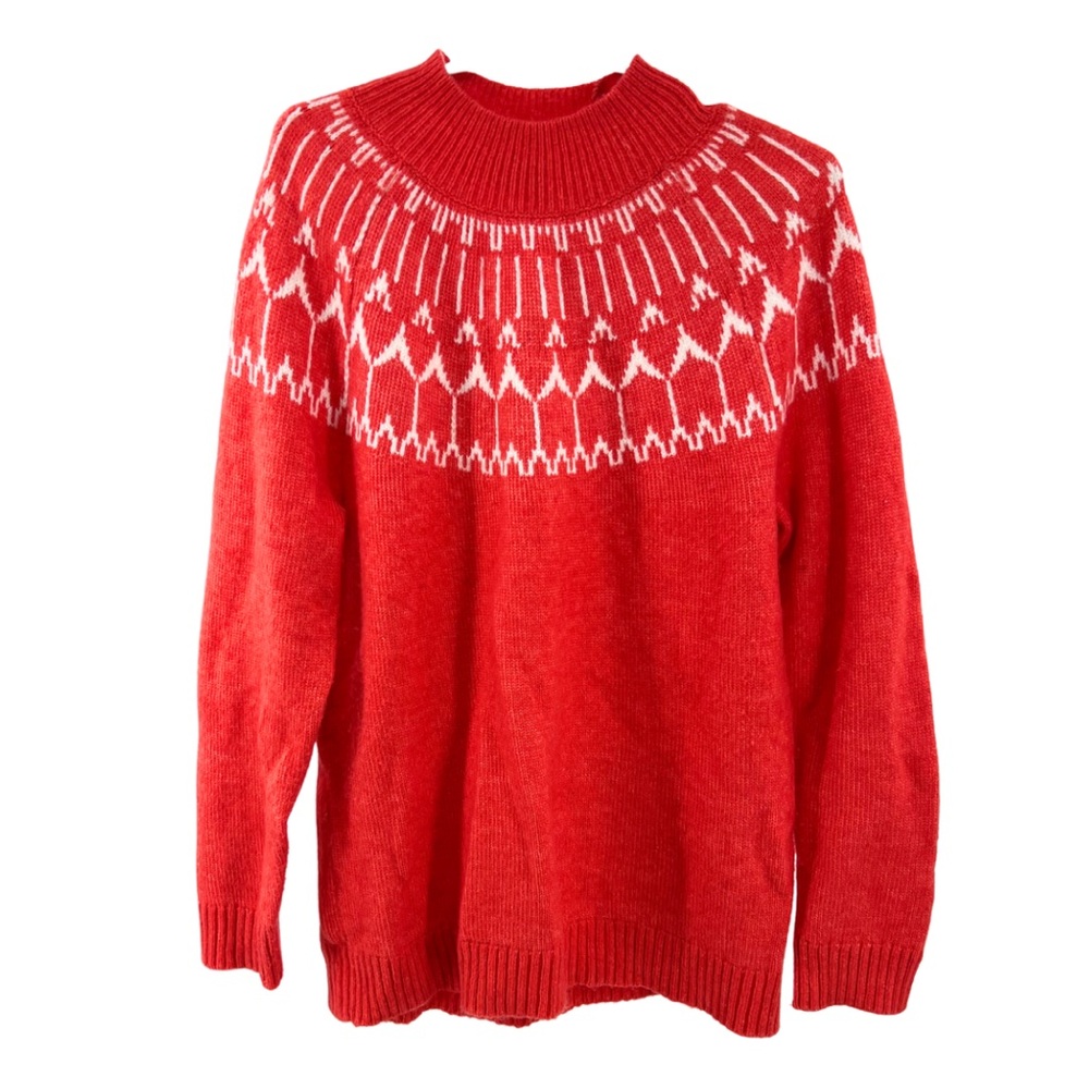 Talbots coral red  mock neck wool blend sweater fair isle thick warm winter L